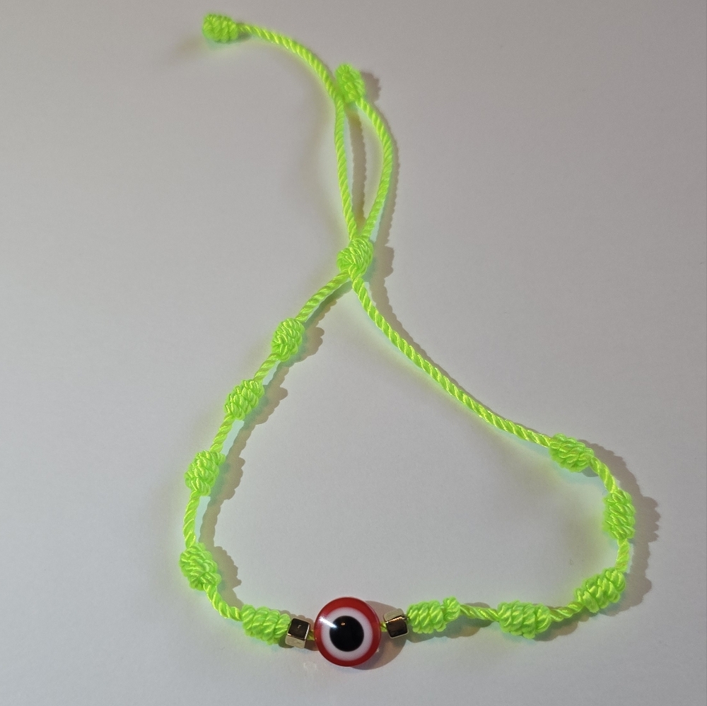 Bright Lime Green Evil Eye (Mal De Ojo) Adjustable Bracelet With Red Eye